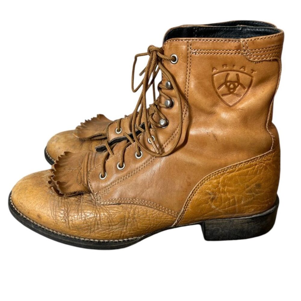 Vintage Ariat Tan Leather Fringe Boots Womens Sz 7B Western Cowgirl Rodeo